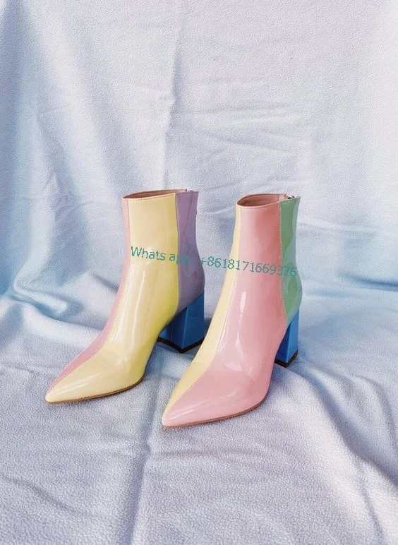 Yellow Pink Blue Candy Color Mid-calf Block High Heel Boots Women cute Pointed Toe Leather Booties Lady zip shoes luxury fashion