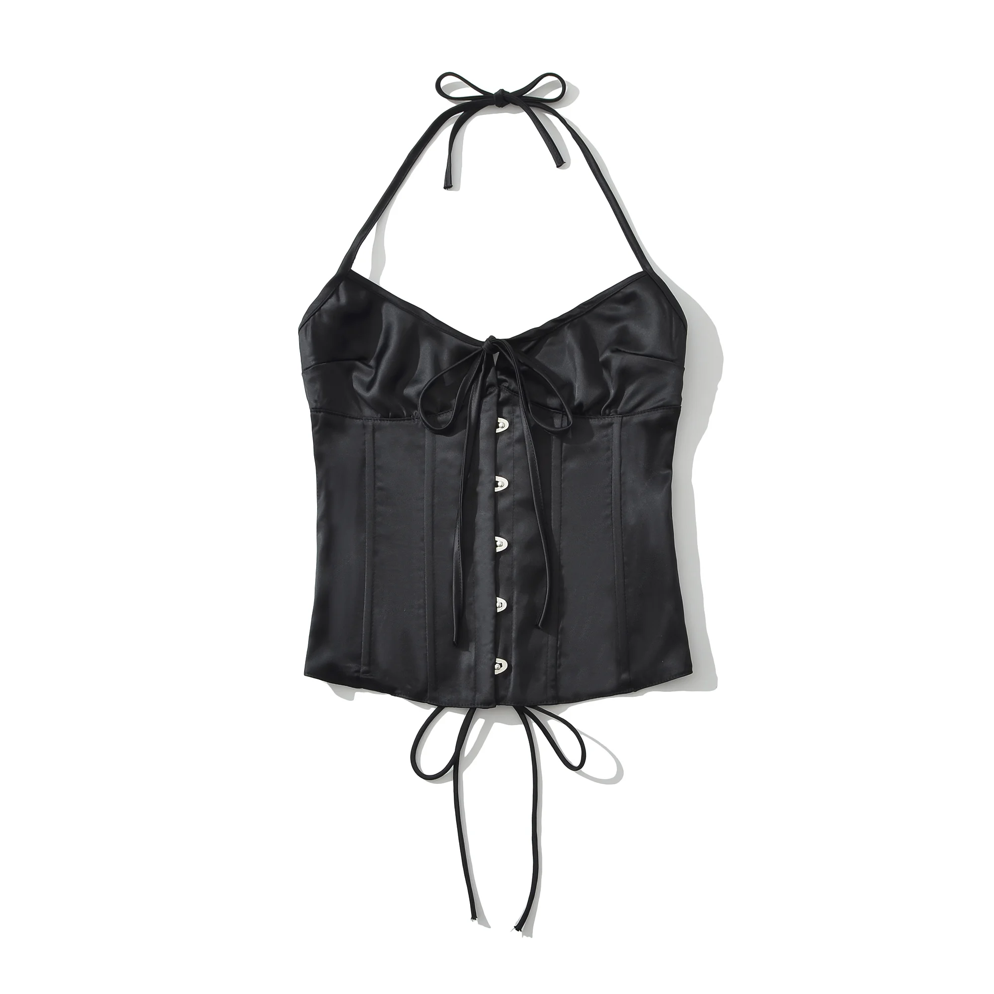 Summer Red Satin Ruched Bra Hook Buttons Sexy Corset Women Cross Lacing Up Bandage Back Tank Tops Bodycon Strapless Crop Top