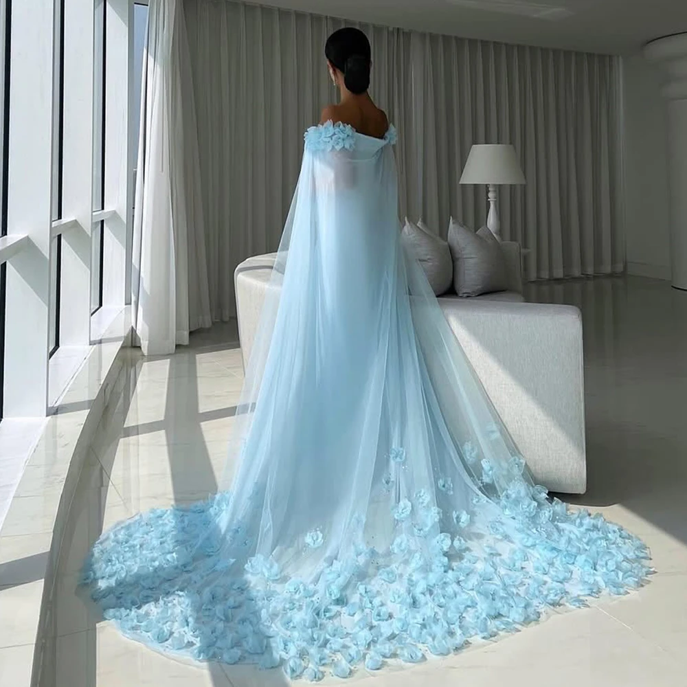 Sky Blue Arabic Evening Dresses 3D Flowers Sweep Train Mermaid Long Prom Dress Vestidos De Noches Wedding Party Gowns Customized
