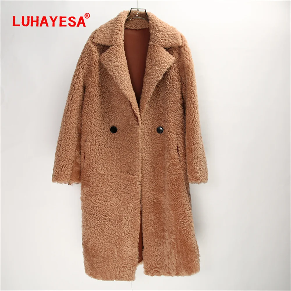 2024 Pearl Lamb Shearling Fur Coat LUHAYESA Women Winter Extra Long Suit Collar Winter Warm Real Fur Clothing