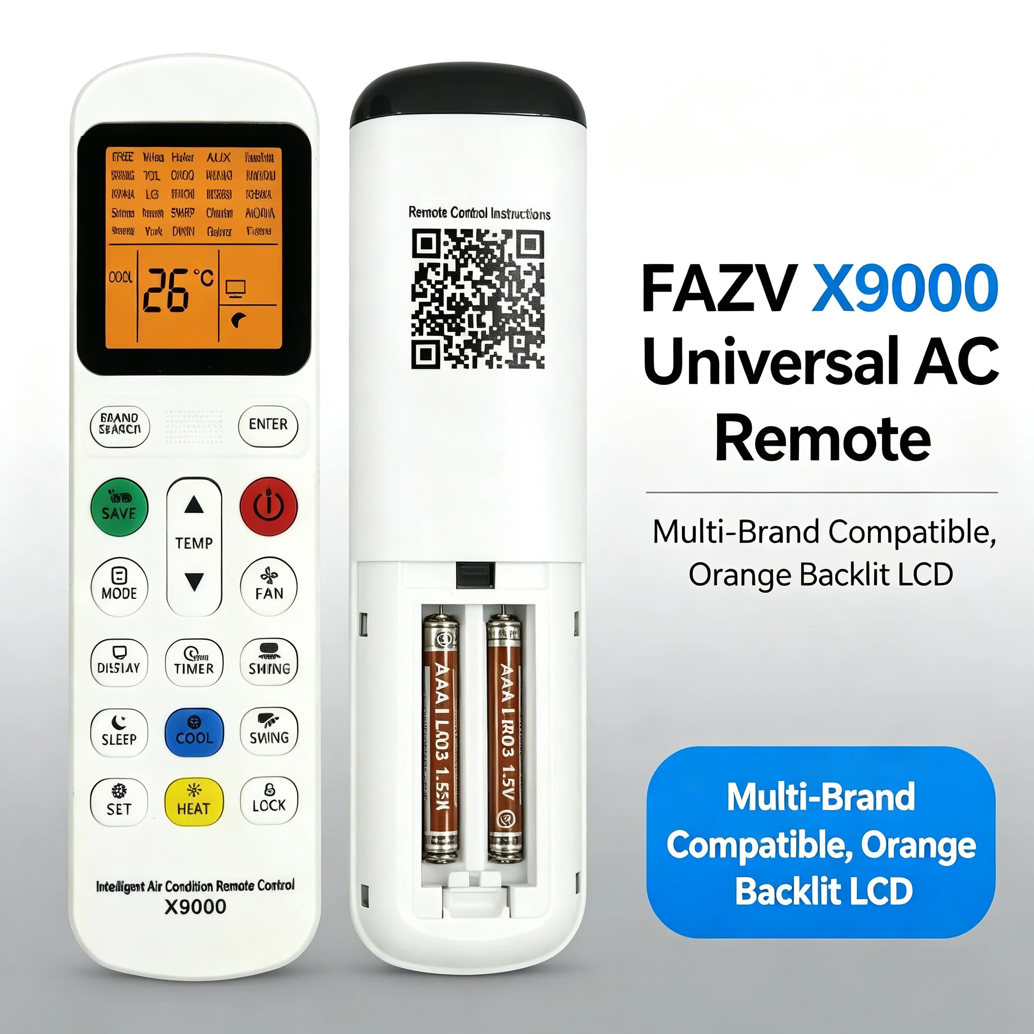 FAZV Universal AC Remote for Gree Midea TCL AUX Haier Hisense Daikin Panasonic Samsung Fujitsu Sharp Chigo with Backlit LCD