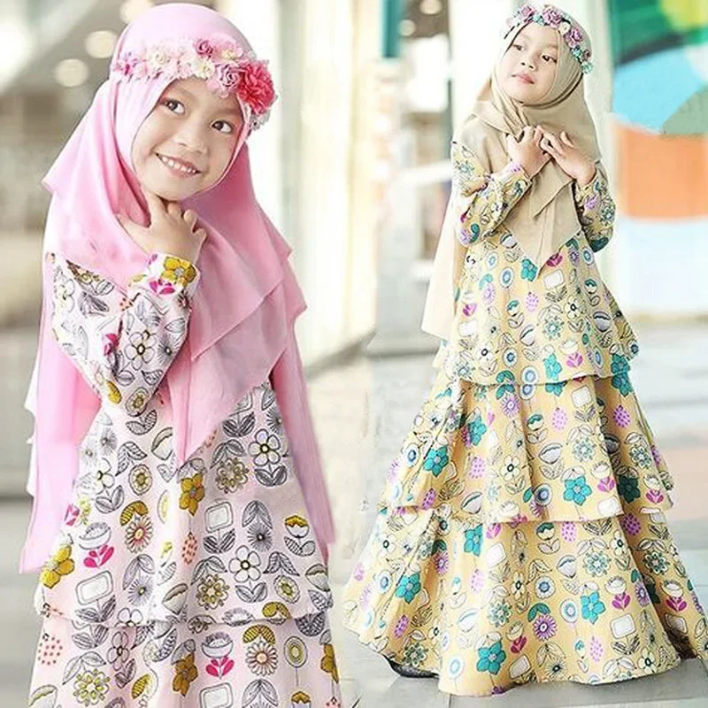 Islamic Clothing Girls Abaya For Children Child Hijab Muslim Prayer Dress For Kids Kaftans Ramadan Muslim Clothing For Kids JS56