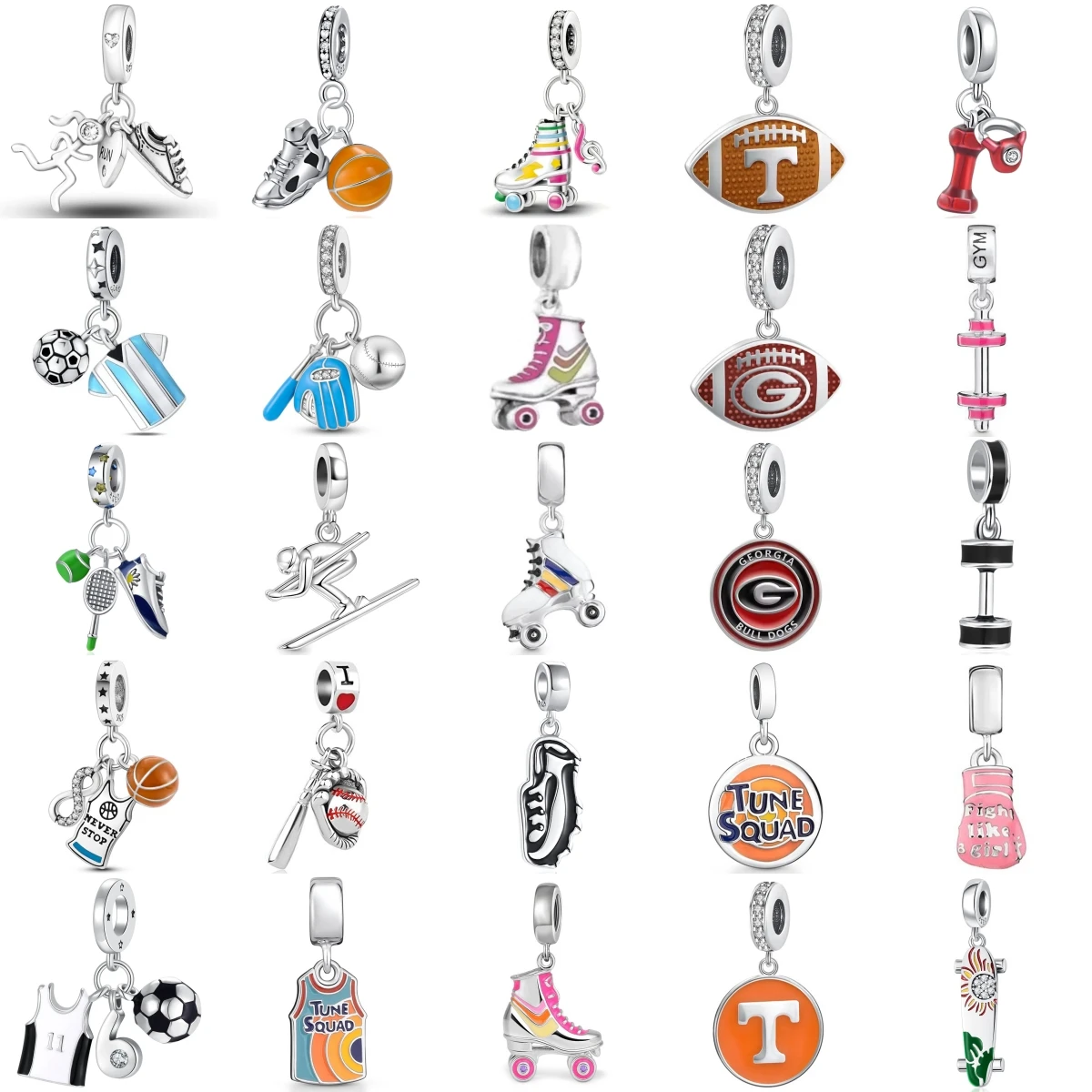 S925 Silver Sports Charms Basketball Football Soccer Skate Dumbbell Boxing Skiing Sneaker Sports Jersey Jewelry Gift