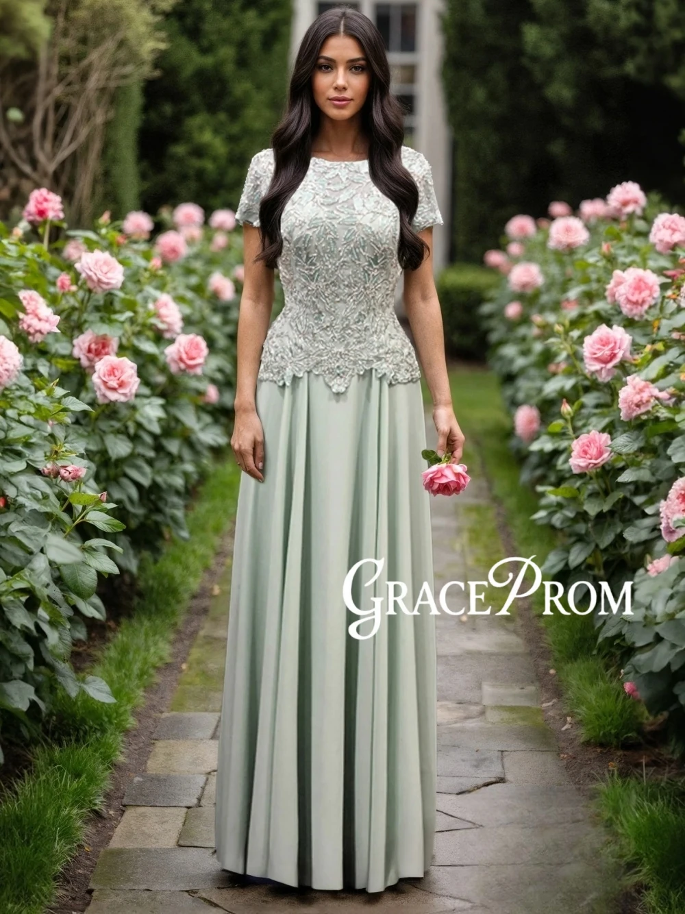 

Vintage Mint Green Mother Of the Bride Dress Lace Embroidered Short Sleeve Formal Evening Gown Beading Elegant Party Dresses