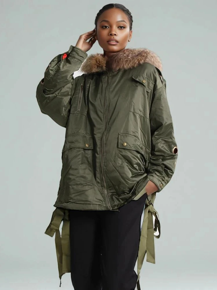

Winter Big Fur Collar Hooded Cotton Padded Jacket Female Zipper Long Sleeves Outwears Women Warm Thick Lace Up Parker Overcoat