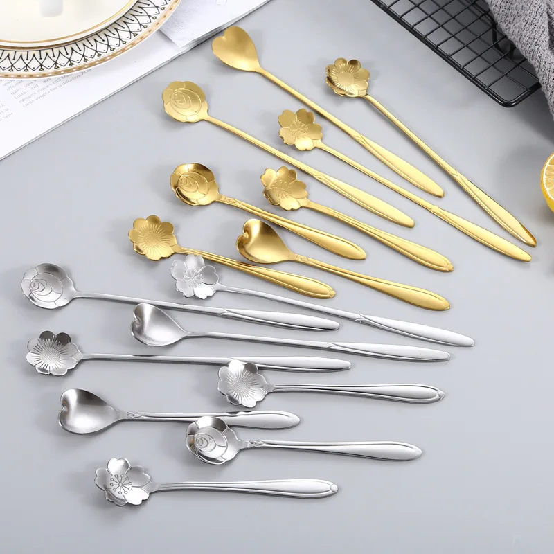 Small Spoon Tableware Stainless Steel Long Handle Stir Coffee Flower Heart Golden Dessert Fork Teaspoon Coffee Accessories