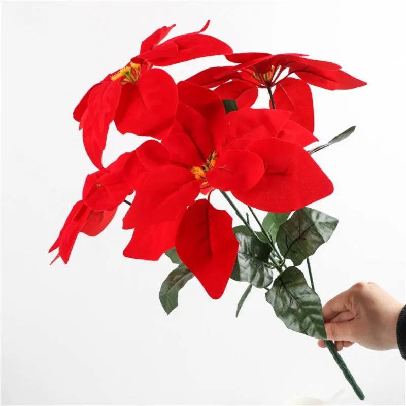 1pcs Real Touch Flannel Artificial Big Red Flowers Head Bouquet Christmas Red Poinsettia Bushes Bouquets Christmas Tree Ornament