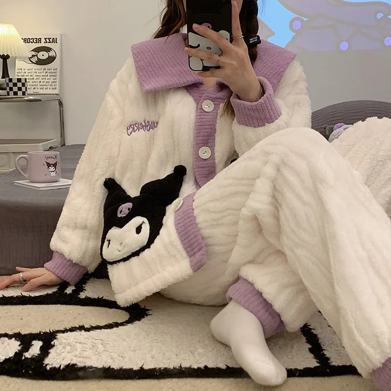 New Sanrio Kuromi kawaii pajamas for women autumn and winter coral velvet thickened large size fat MM home wear fashion set