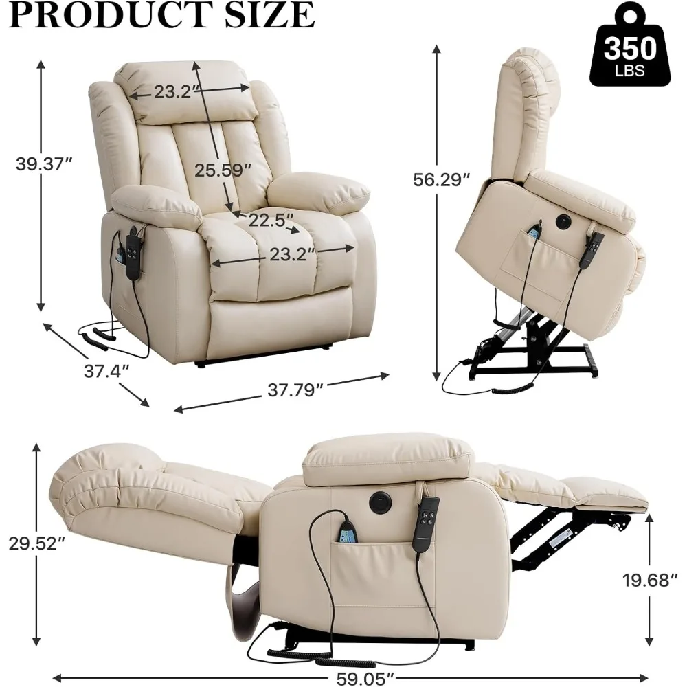 Dual Motor Breathing Leather Recliner, Infinite Position Power Lift Chair, Heating and Massage Function Elderly Recliner