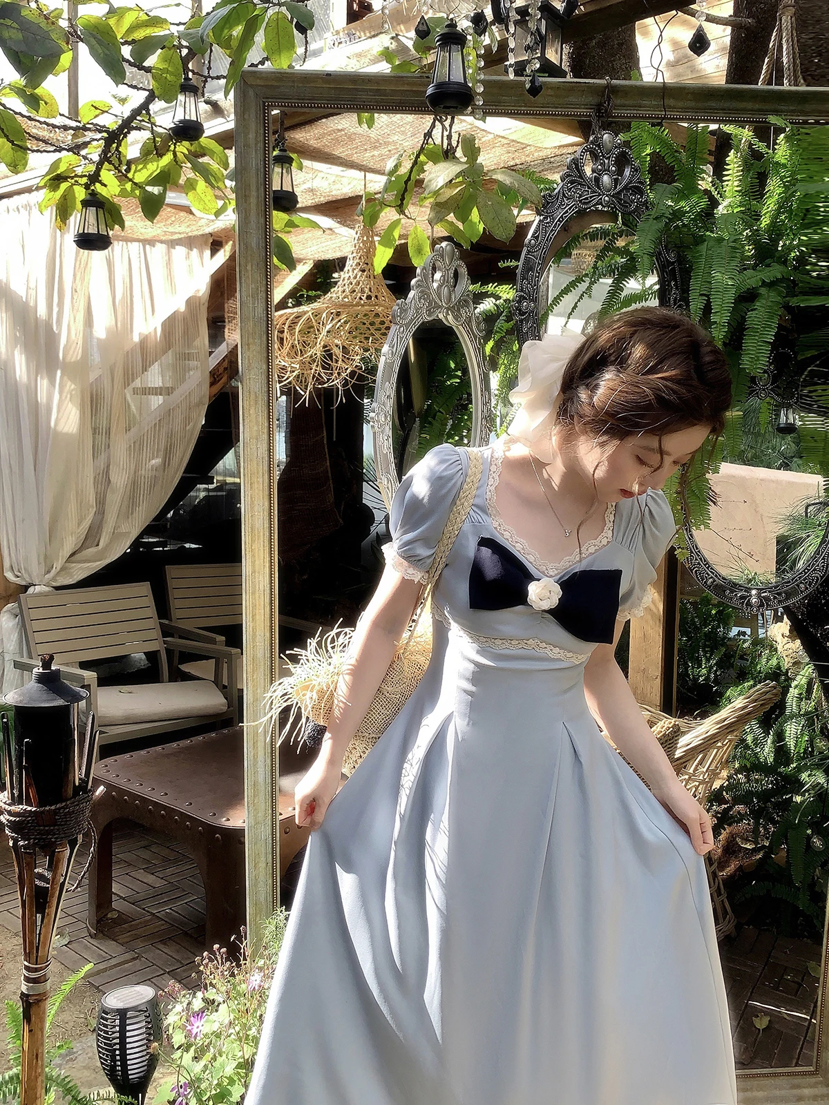 

Blue Summer Casual A-Line Dr plus Size Women's Clothing High Waist ort Sve V-Ne Polka Dot Print Tea Rose Pattern