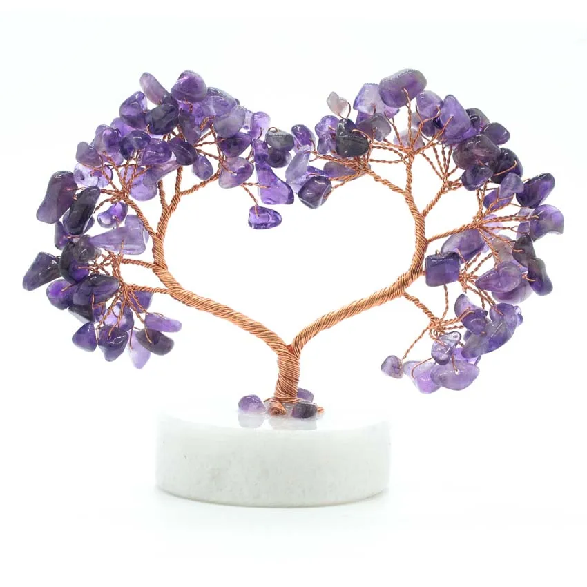 KFT Natural Crystal Money Tree Heart Copper Wire Wrapped Round White Jade Base Gemstone Reiki Chakra Feng Shui Trees Home Decor