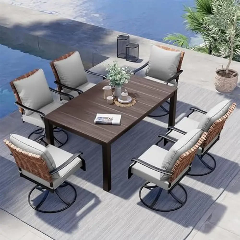 7-Piece Outdoor Dining Set Leather-Look Wicker Swivel Chairs & Rectangular Faux Woodgrain Table Dark Brown Swivel Rocking Sturdy