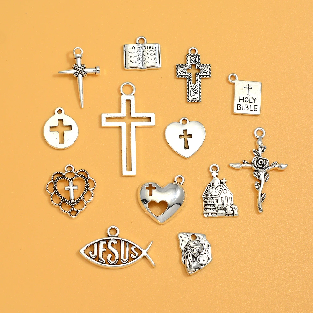 20 sztuk/partii krzyż Charms jezus chrystus chrześcijaństwo dziewica maryja książka biblijna kościół serce wisiorki dla majsterkowiczów materiały do wyrobu biżuterii