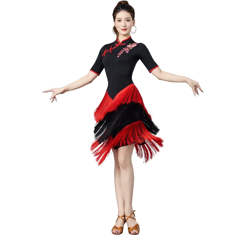 Novo vestido de dança latina vestido de desempenho cheongsam borlas vestido competição prática roupas chacha valsa vestido de dança dql11550