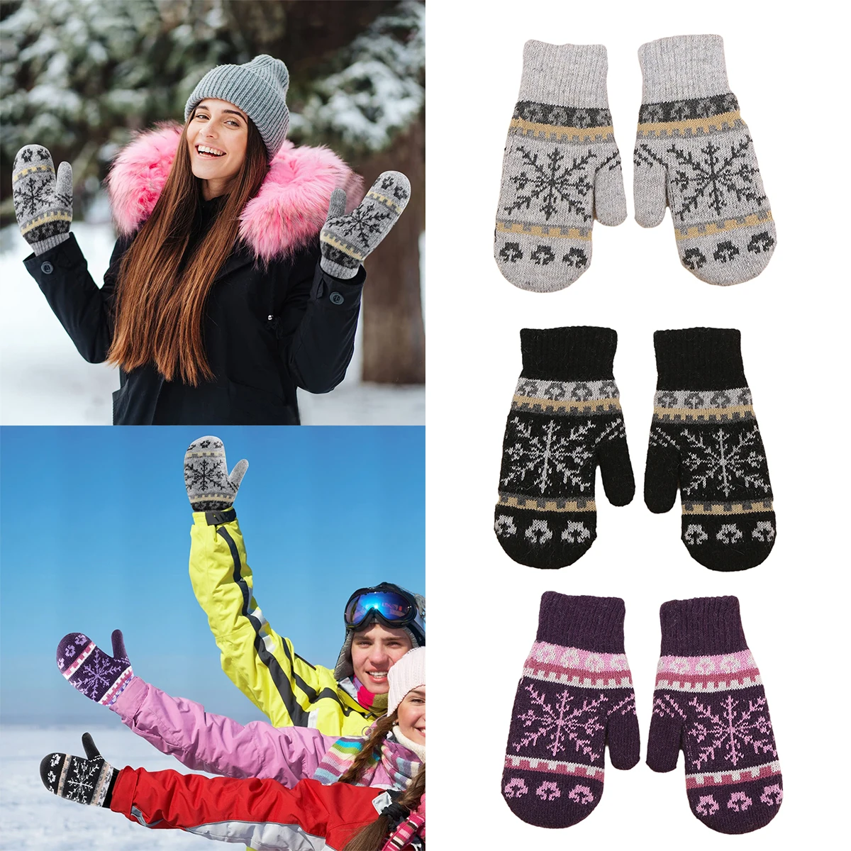 女性の冬用手袋-暖かい裏地付き手袋-ニット厚手のウール手袋-冬の寒い天候用のニット手袋