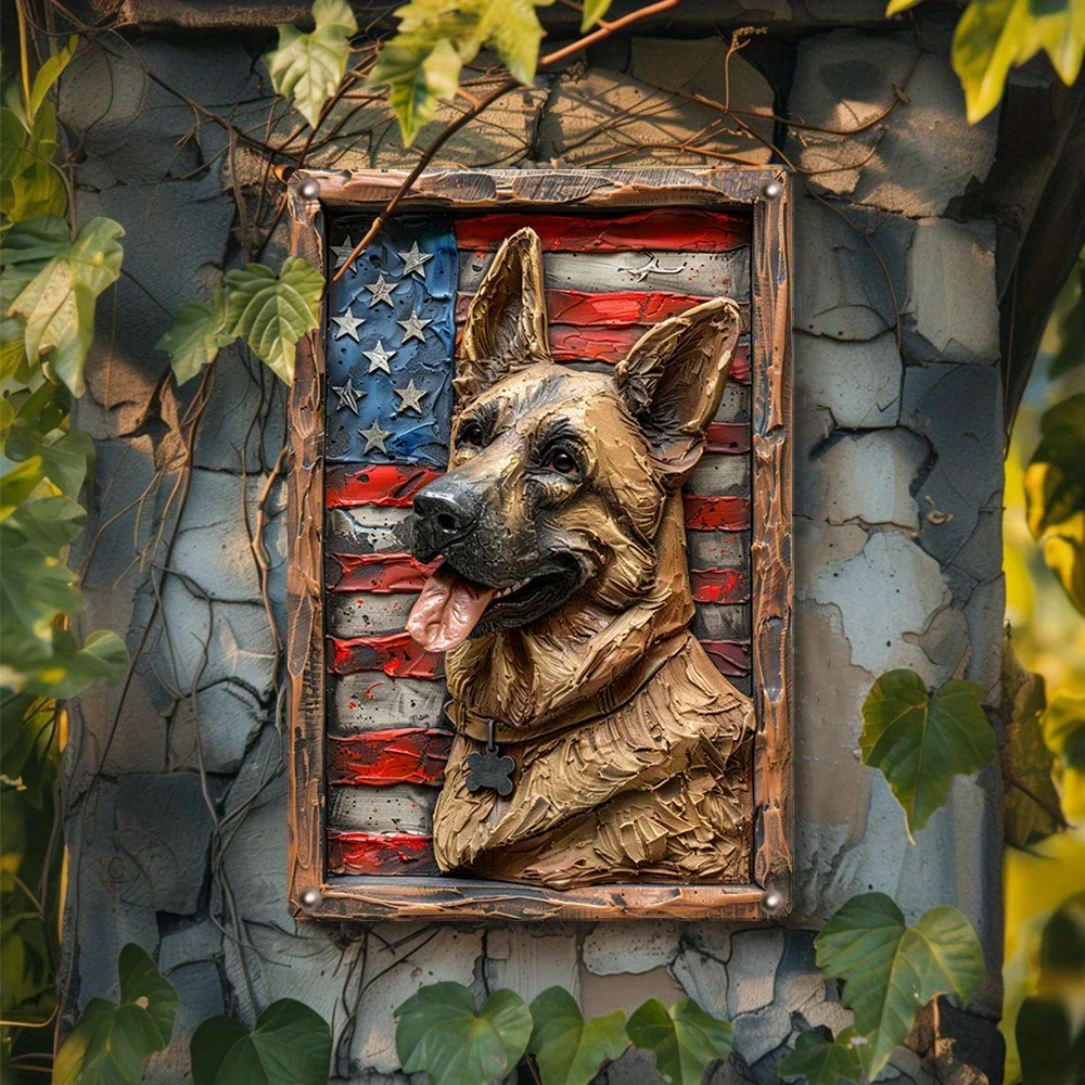 Aluminum Metal Dog Wall Art - 1pc 8x12 Inch German Shepherd with US Flag, High Bend Resistance Indoor/Outdoor Decorative Sign -