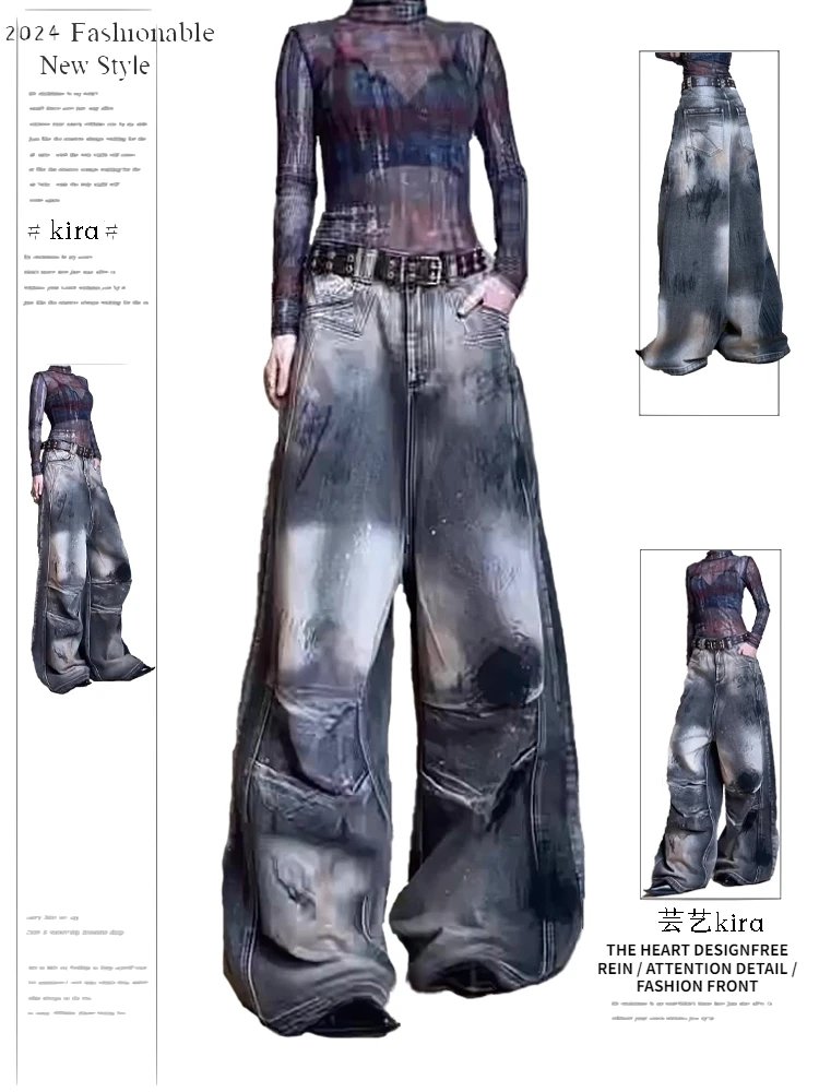 

2025 Autumn Winter Women's Denim Pants Harajuku Y2K Japanese Baggy Grunge Jeans Dark Academia Men Pants Tie Dye Boyfriend Cyber