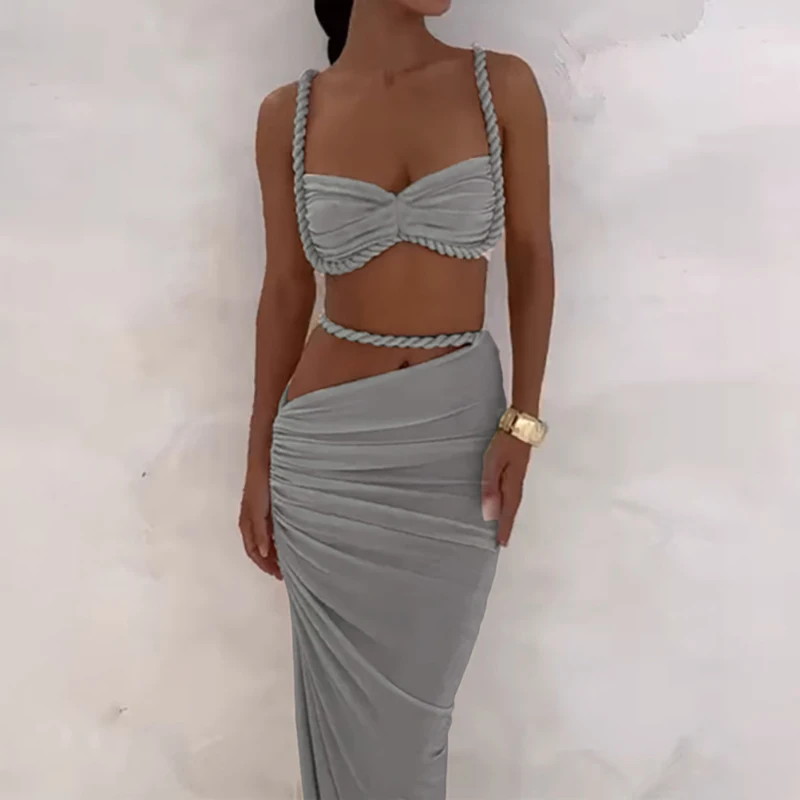 Simple Solid Color Exposed Navel Women's Set Summer Holiday Sleeveless Slim Outfits New Sexy Bra Top and Long Skirt Beach Suit