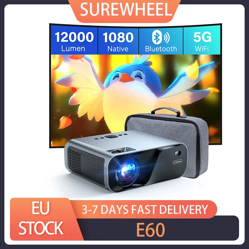 SUREWHEEL E60 Mini Projector, Native 1080P 4K Support 220inch Display, 5G WiFi & Bluetooth 5.0, 16000 Lumens, Zoom, HiFi Speaker