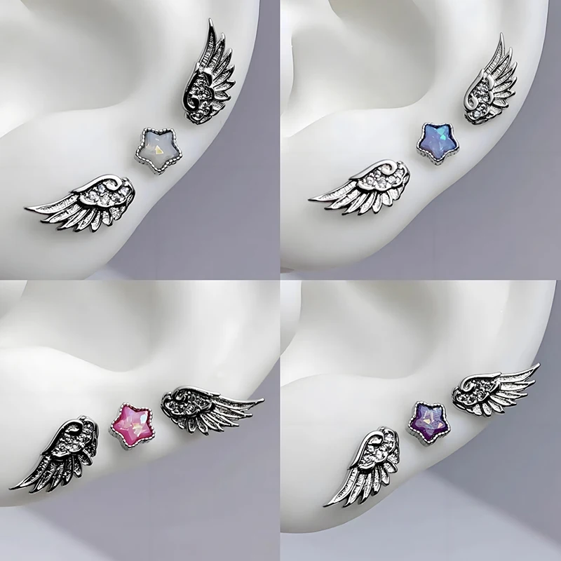 【W】New Fashion Wings Stainless Steel Ear Bone Nail Shiny Trendy Earring For Women Accessory