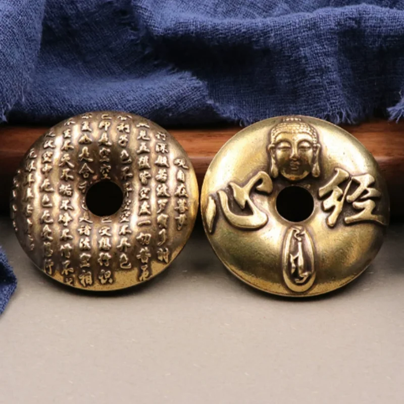Antique Brass Relief Heart Sutra Buddha Head- Traditional Peace Buckle Paperweight