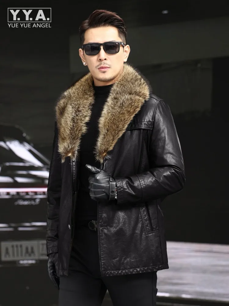 

Vintage Mens Sing Breasted Oil Wax Down Jacket Cowhide Genuine Leather Overcoat Fur Collar Winter Coat Slim Fit Mid Long Jackets