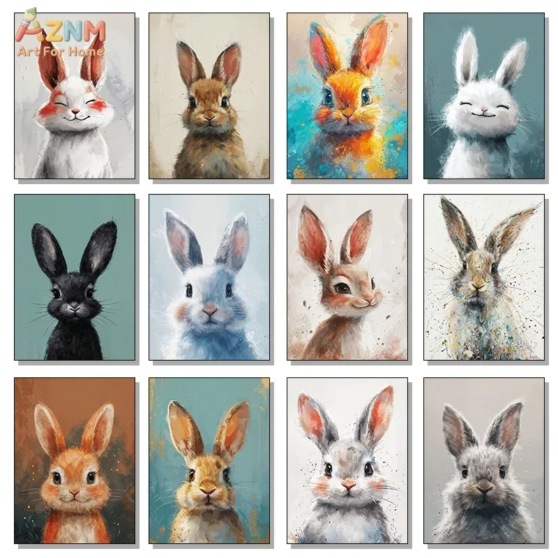AZNM Cute Rabbit Canvas Wall Art Colorful Splash Bunny Portrait Oil Painting Style Print Poster Kids Room Nursery Decor Unframed