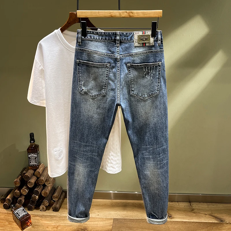 Calça jeans reta Y2K masculina, patches finos bordados, calça casual, calça elástica, estilo japonês dos anos 2000