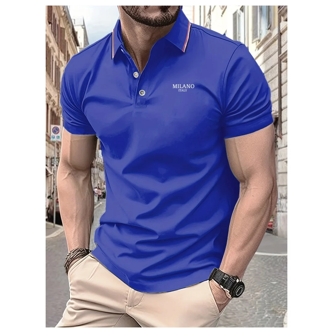 

Новая мужская рубашка поло с буквенным принтом, летняя рубашка в полоску с лацканами, мужская повседневная дышащая легкая роскошная рубашка с коротким рукавом для мужчин, мужская одежда
