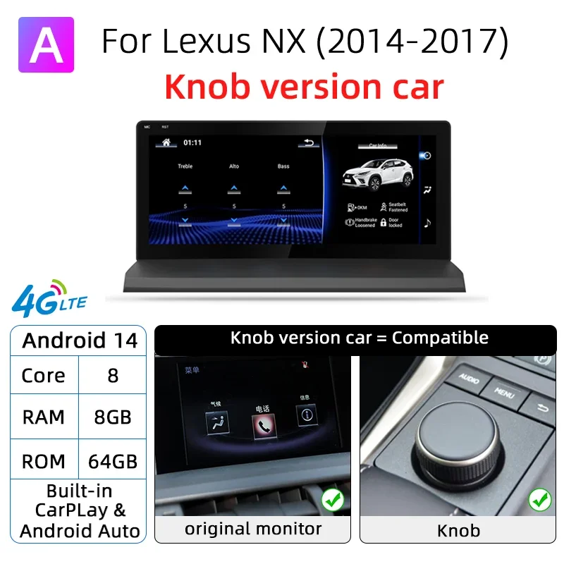 Nunoo Android 14 CarPlay autoradio voor Lexus NX NX200 NX200T NX300h 2014-2021 Multimedia Navigatie GPS DSP 4G WiFi - afbeelding 1