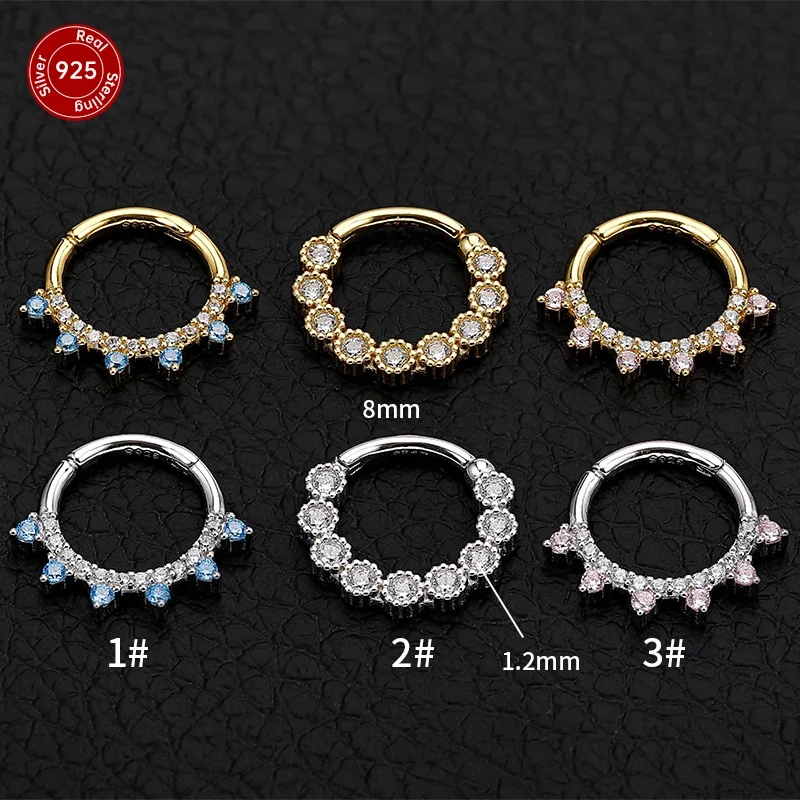 1PC 925 Sterling Silver Clicker Zircon Hight Segment Nose Rings Open Septum Piercing Earrings Fashion Piercing Body Jewelry