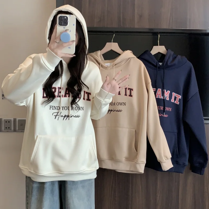 

Women Apricot Hooded Sweatshirt Printing Vintage Long Sleeve Korean Fashion Baggy Casual Y2K Autumn Female Khaki Pullover Tops