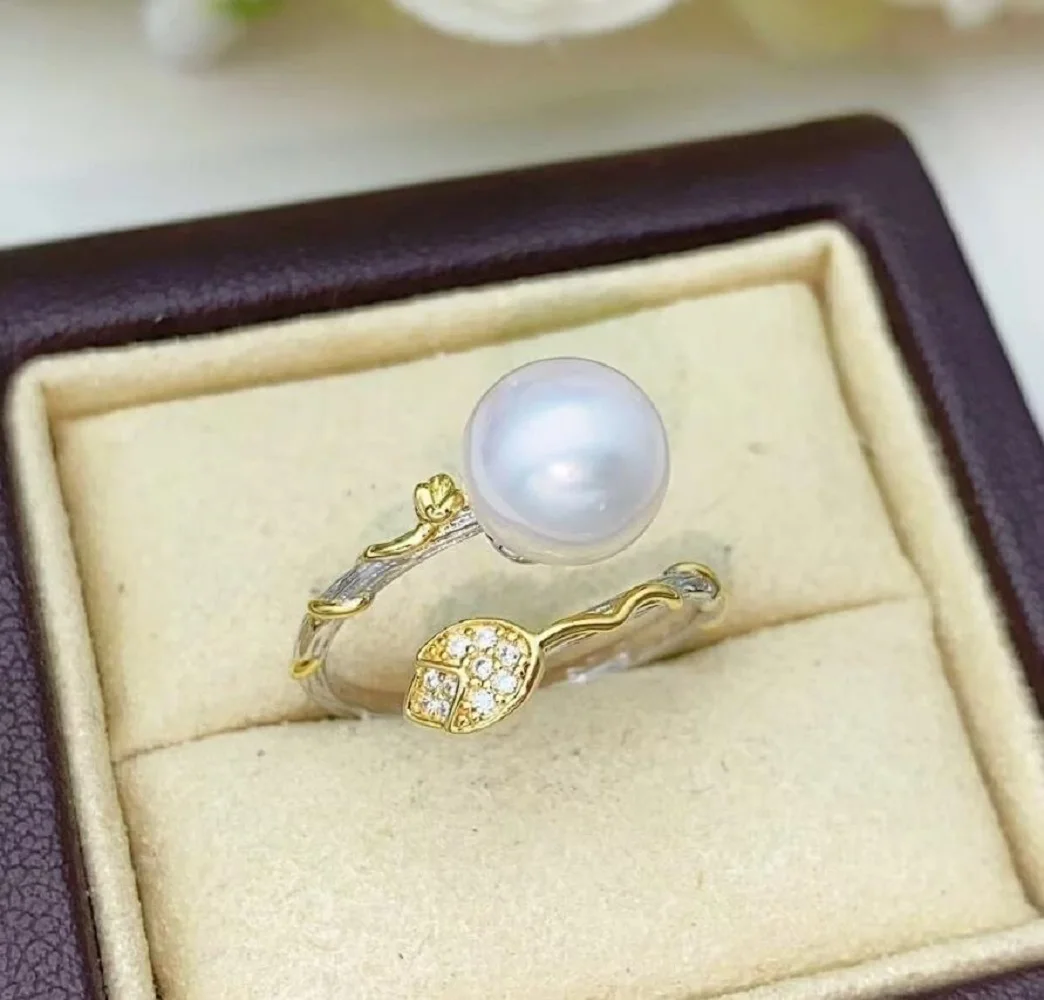 

Elegant opening adjustable ring AAA7-8mm 8-9mm 9-10mm natural South Sea round white pearl ring 925s