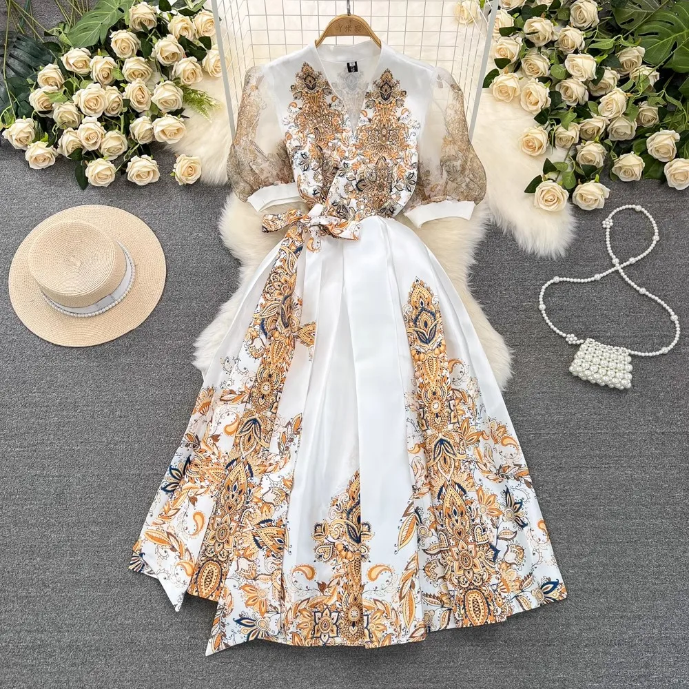 

2024 New Summer Fashion Retro Women French Palce Style V Neck Puff Sleeve Lace Up Bow High Quality Holiay Casual Beach Dresses