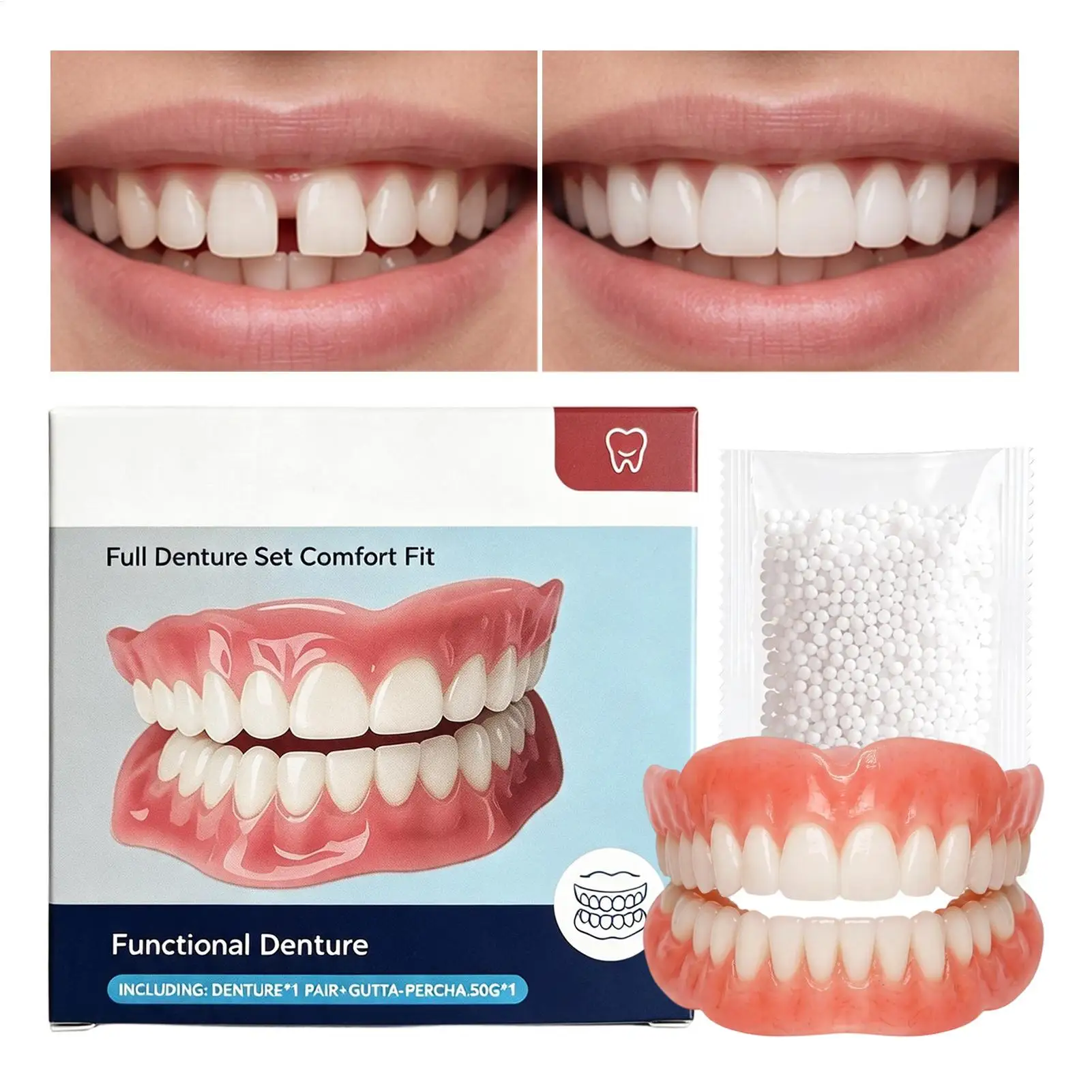 Moldable Full Upper & Lower Denture Kit, Realistic DIY False Teeth Set with Soft Resin, Custom Fit Comfort for Daily Use, Travel