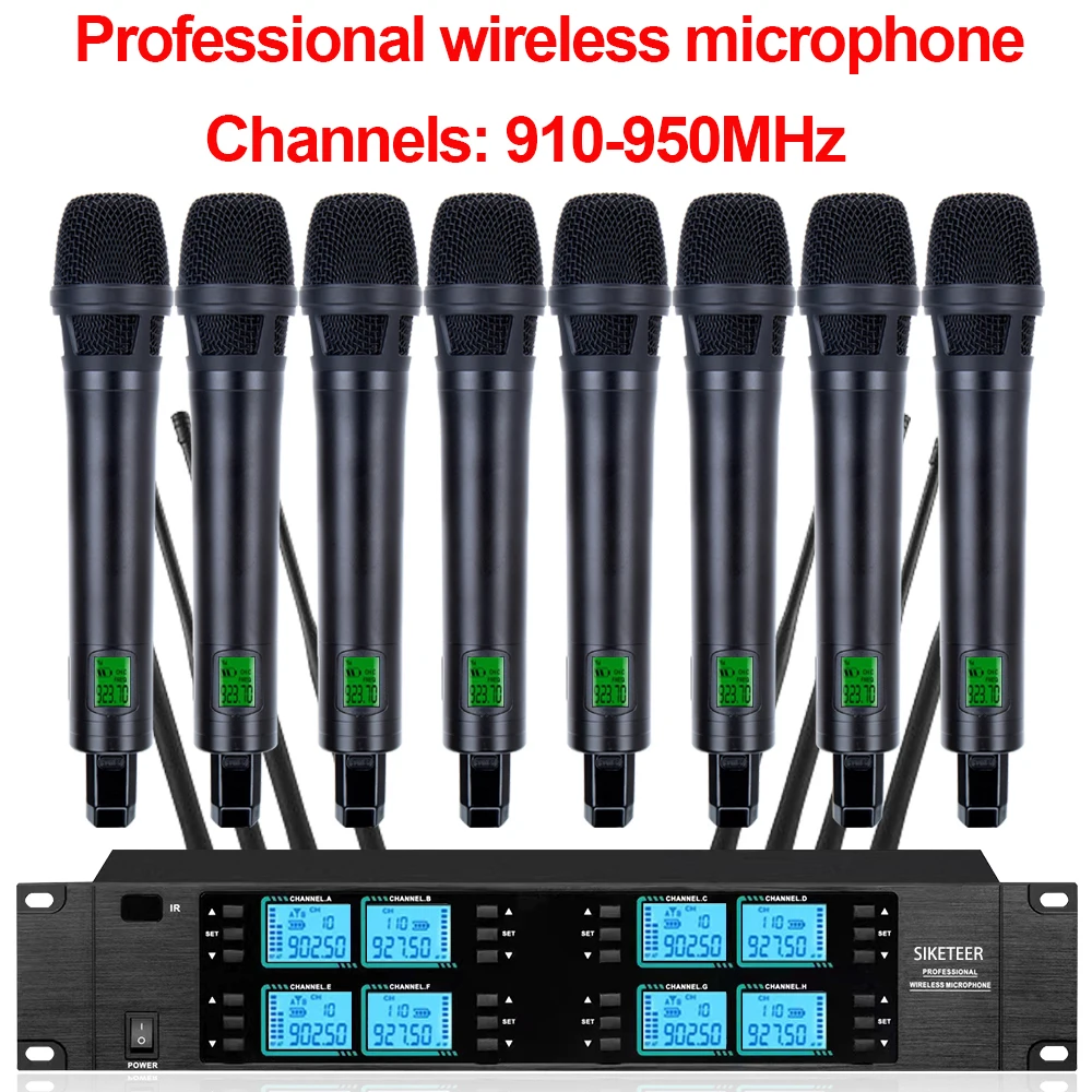 Microphone sans fil, 8 canaux, 910-950 MHz, microphone portable, adapté aux mariages, églises et aux performances sur scène.