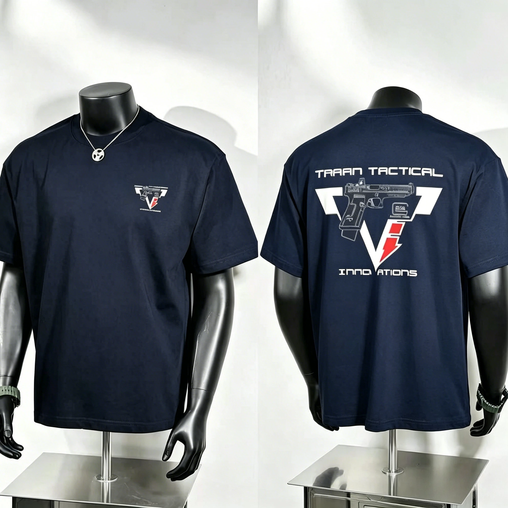 Handgun Logo Print T Shirt, Tiny Pistol Geometric Badge on Chest and Oversized Trrain Tactical Innovations Triangle V Graphic