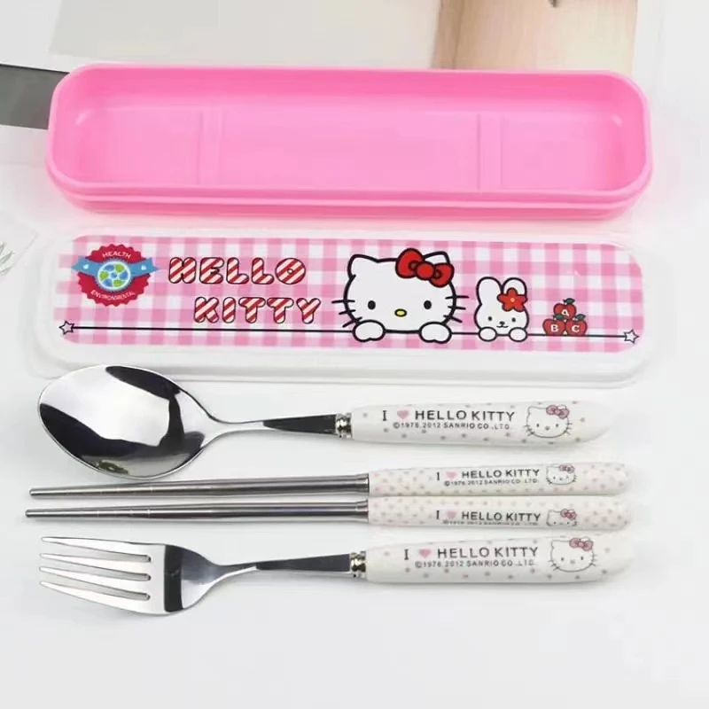 Sanrio hellokitty mymelody Cinnamoroll cute Cutlery Student Portable 304 Stainless Steel Cutlery Spoon Fork Chopsticks Set