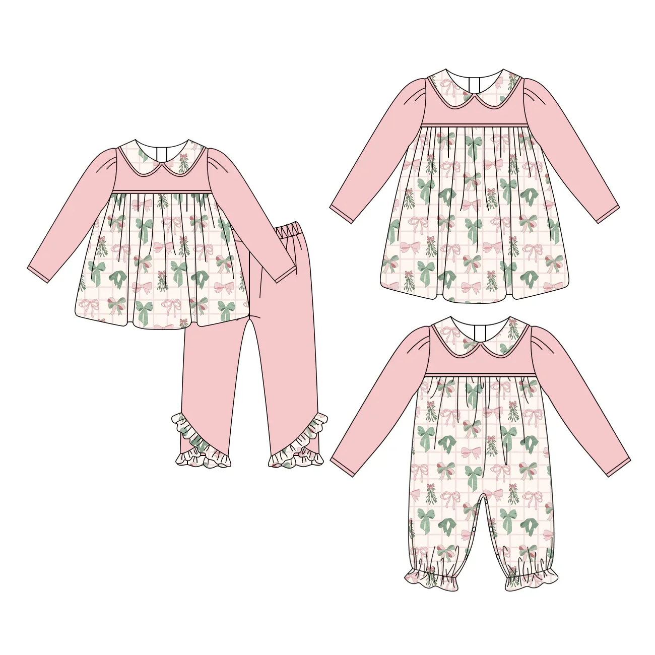 

Christmas boutique children's suit long-sleeved plaid bow print trousers lace girl suit baby jumpsuit dress 3-piece set