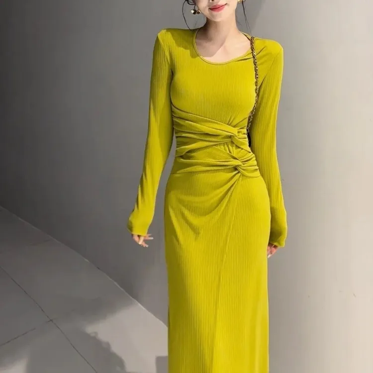 Korejepo French New Elegant  Fashionable Waist Design Temperament High Thin High Waist Solid Color Long Sleeved Dress Women