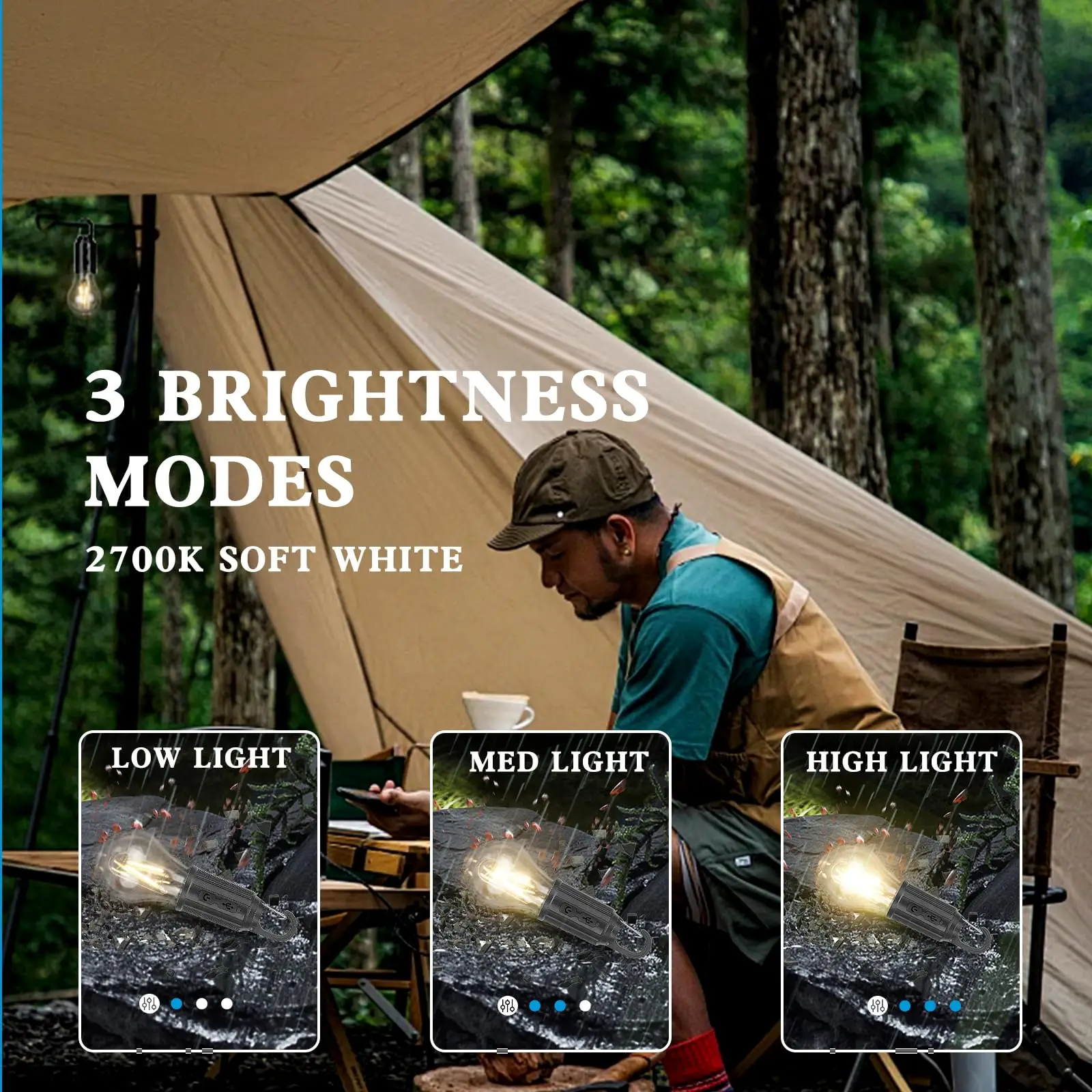 قابلة للشحن LED التخييم ضوء 100LM 400mAh نوع C خيمة مقاومة للماء فانوس مع هوك 3 وضع للمشي لمسافات طويلة الصيد في حالات الطوارئ في الهواء الطلق #2