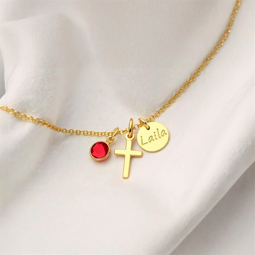 

Custom Name Necklaces Customized Birthstone Jewelry Personalized Cross Round Nameplate Necklaces Religious Pendant Gift