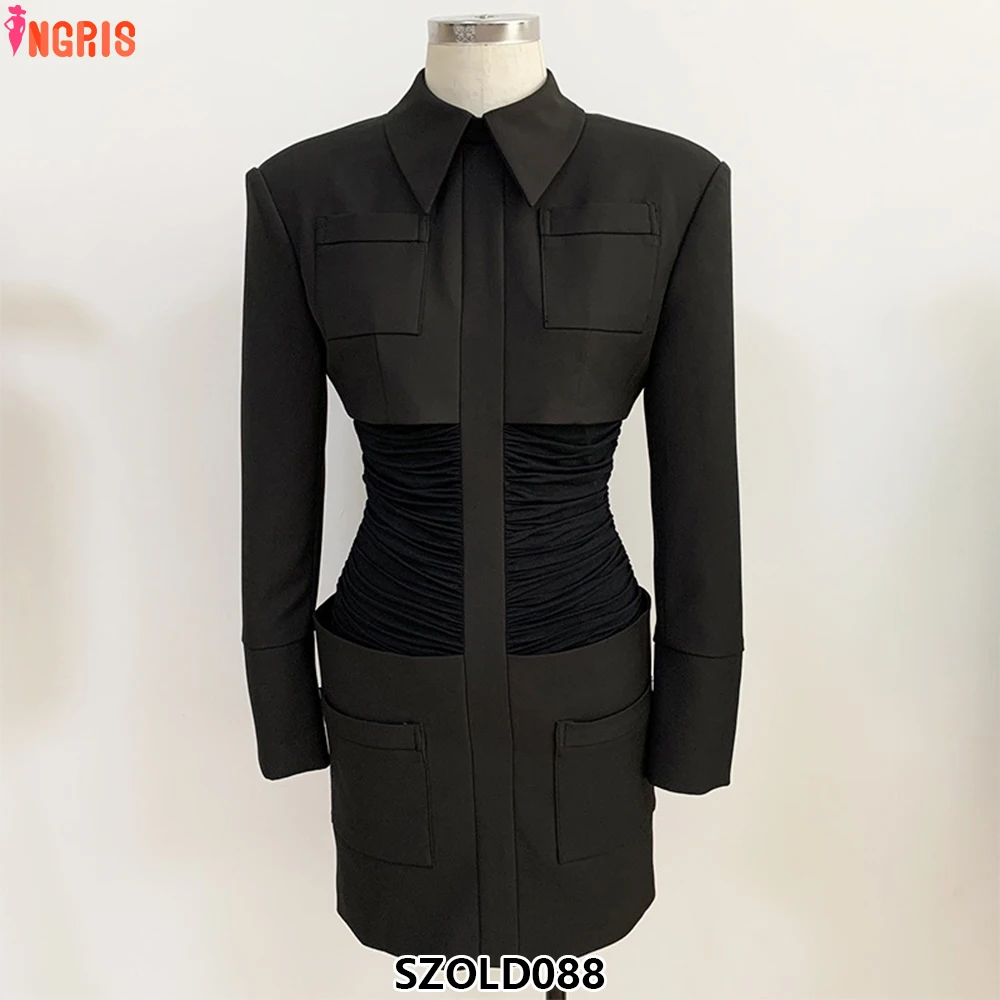 

2025 new thick shoulder shirt collar temperament slim evening dress women's sexy hip dress-SZOLD088