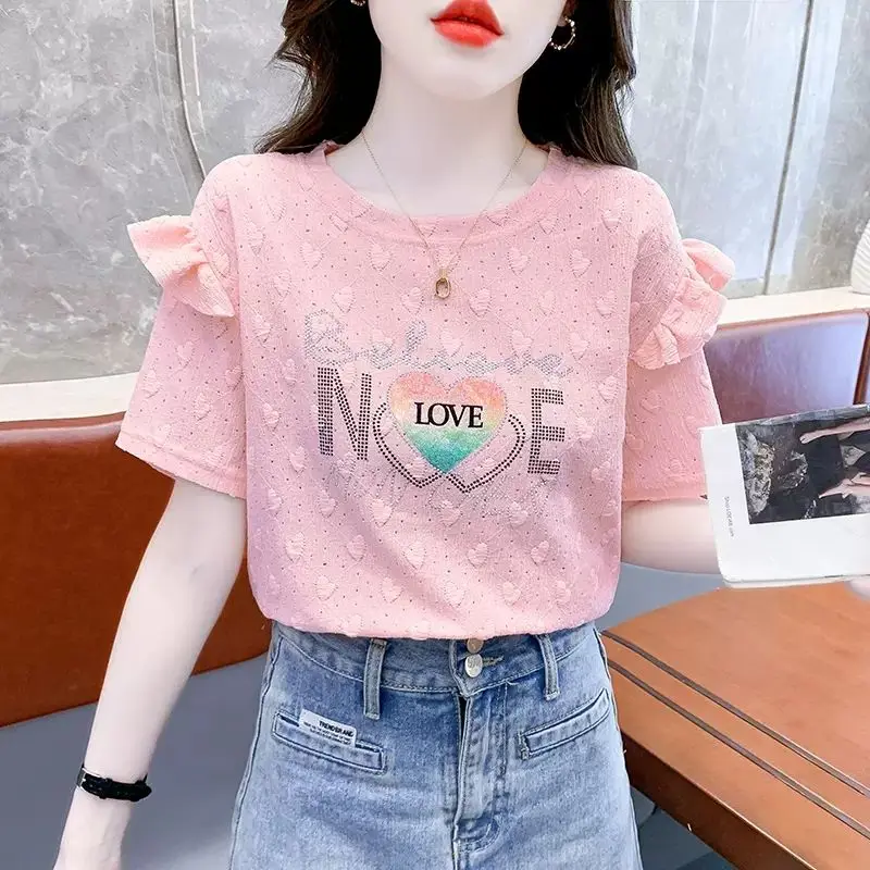 Women\'s Clothing Summer Geometric Short Sleeve Letter Rhinestone Printing Round Neck Ruffles T-shirt Trendy All-match Tops