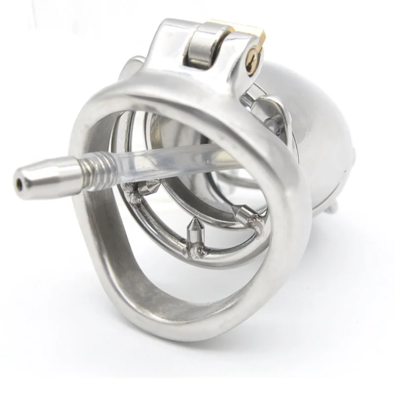 Stainless Steel Chastity Device with Urethral Catheter and Anti-Shedding Ring Chastity Cage Man Penis Ring Adult Sex Toy for Men