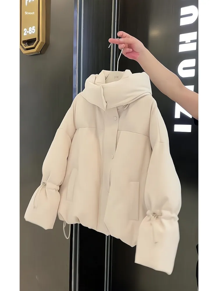 ホワイトフード付きシングルボタンDストリングダウンジャケットレディースウィンターサーマルハイエンドブレッドスレアウターウェアサーマルコート