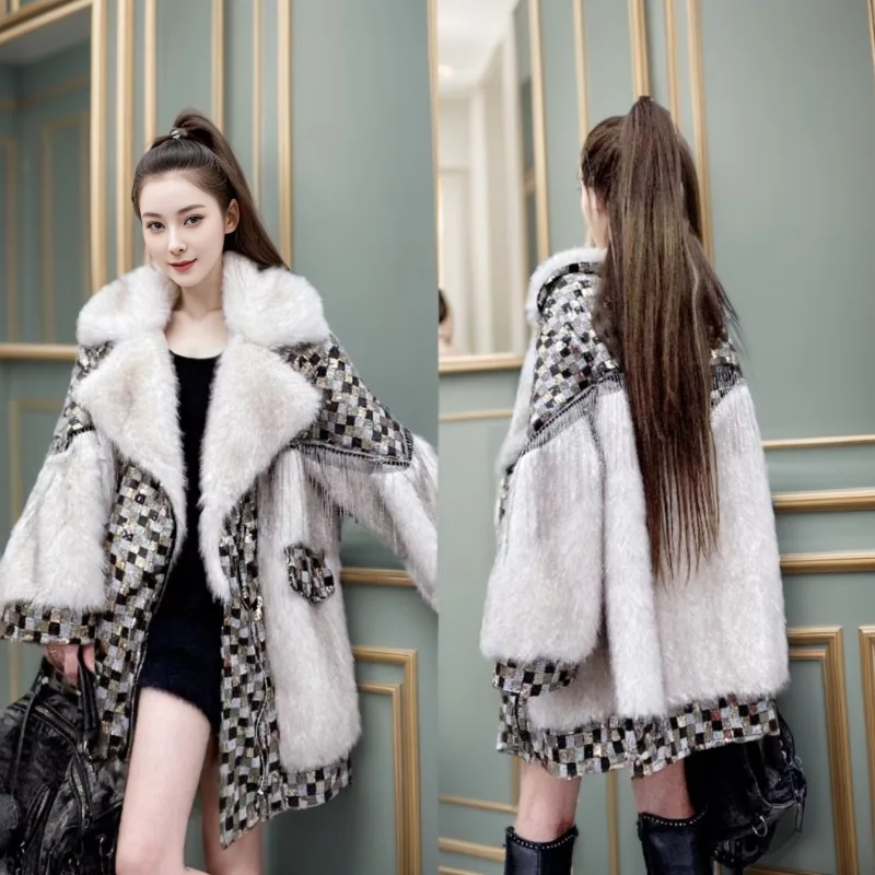 

Зимняя популярная мода с воротником из искусственного лисьего меха, тяжелая промышленность, пальто с кисточками из искусственного меха, темпераментное меховое интегрированное пальто, куртка