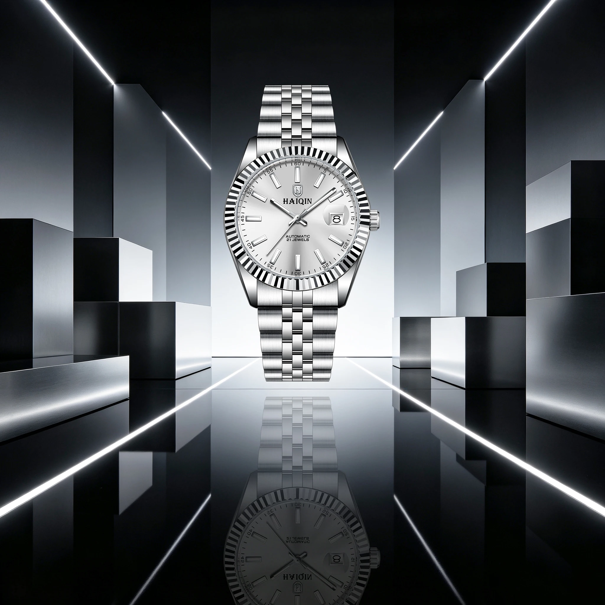 HAIQIN Old Money Style Mens Automatic Mechanical Watches 21 Jewels Classic Fluted Bezel Date Window Stainless Diving Dress Watch
