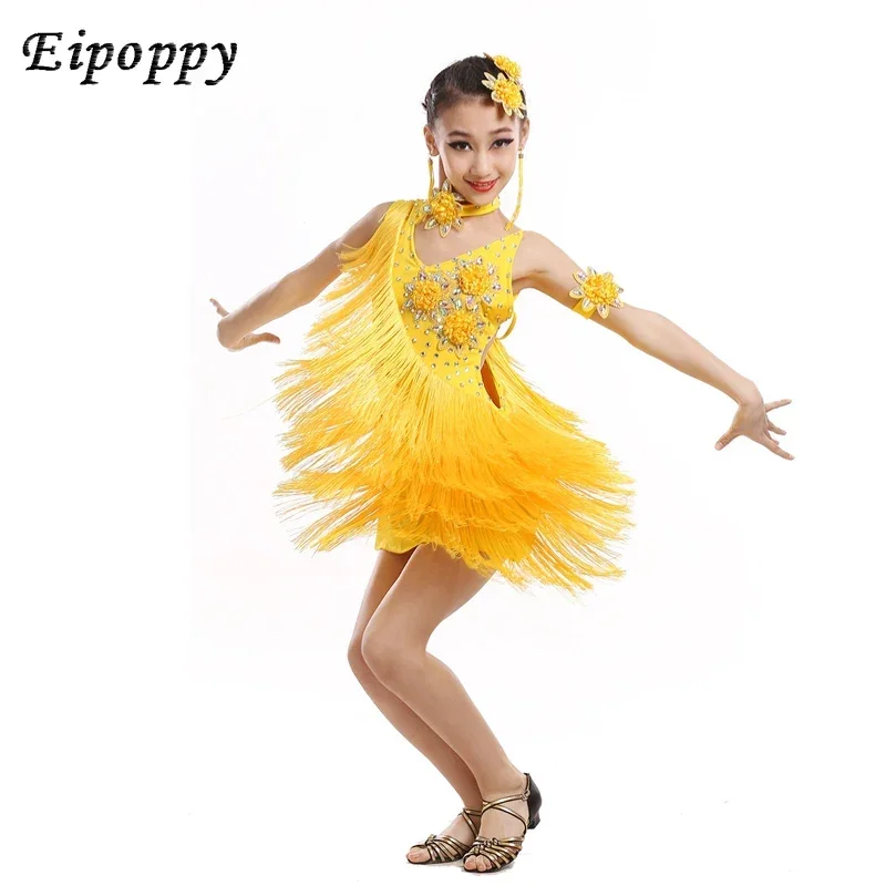 ชุดเต้นรำงานบอลรูมสำหรับเด็กผู้หญิงชุดเดรสสีแดงประดับพู่ซัลซ่า