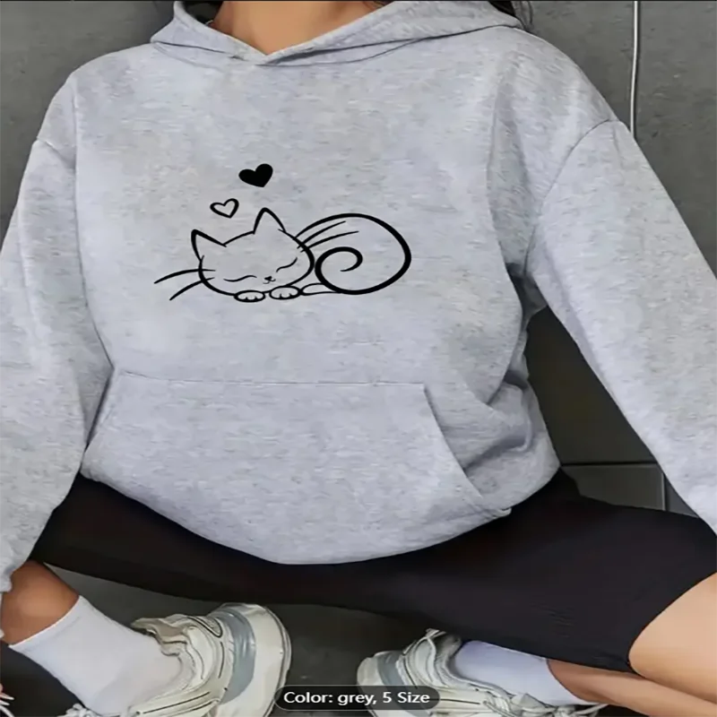 

Womens Grey Hoodie Sleeping Cat Heart Graphic Print Casual Oversized Drawstring Hooded Sweatshirt for Cat Lovers Pure Cotton